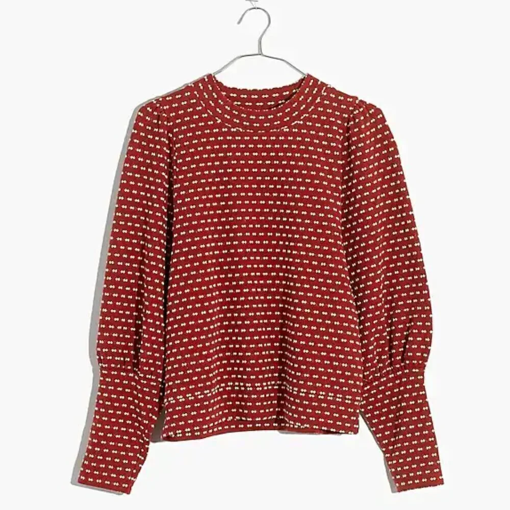 Madewell Puff-Sleeve Mockneck Top in Bow-Tie Jacquard Color Etruscan Clay Size S - Picture 4 of 9